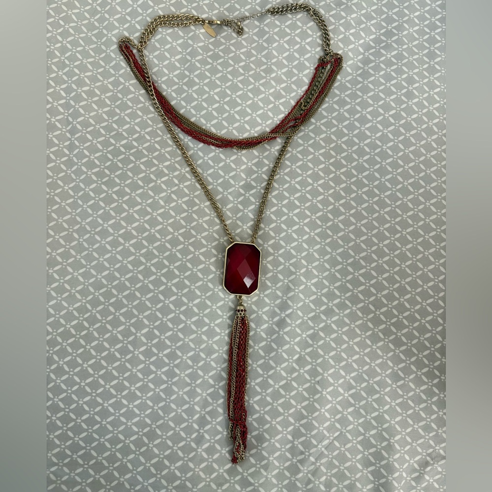 NY Collection Red Gold Rhinestone Tassle Necklace - Picture 10 of 10